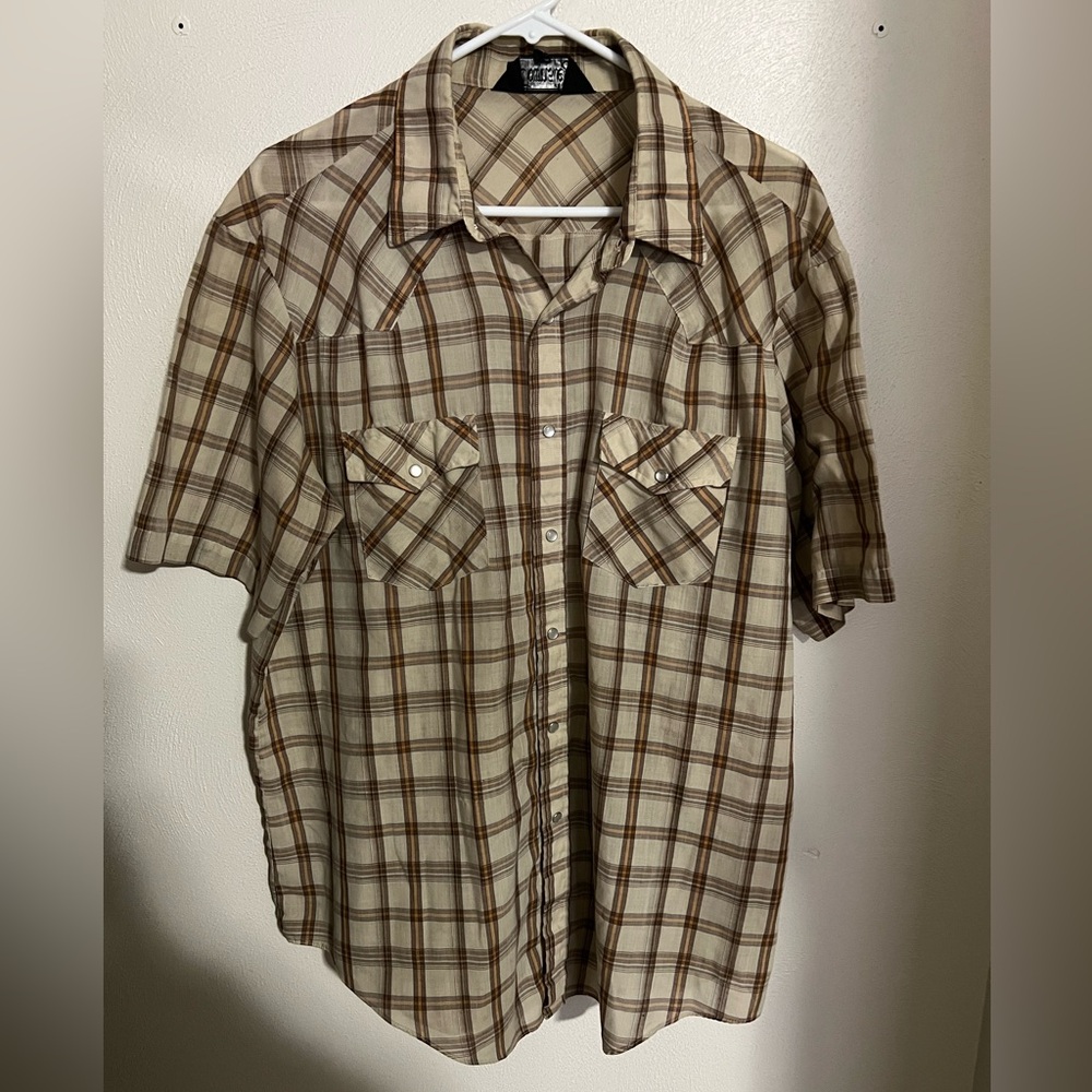 TOWNSLEY Vintage 80's Woven Plaid Pearl Snap‎ Short Sleeve Button Down Men's XL